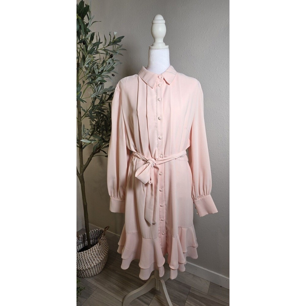 Alex Marie Blush Pink Shirt Dress Approx L/XL Belted RuffleCoquette Romantic